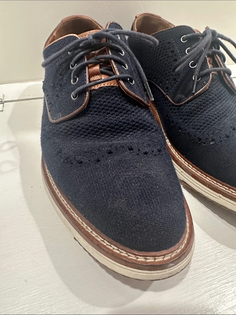 Johnston & Murphy Navy Knit Derby with Brown Leather Trim